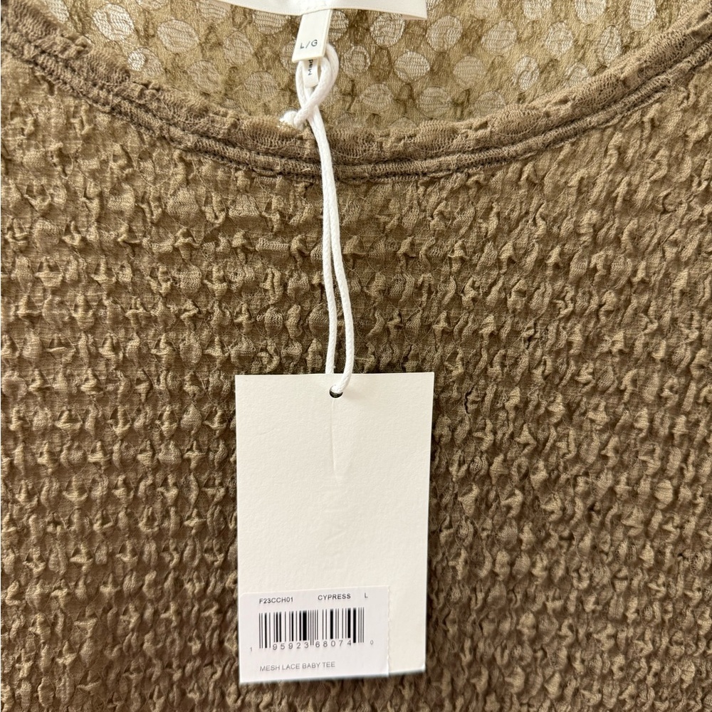 NWT Frame Denim Textured Semi-sheer Women's Baby TShirt in Cypress (Brown), Sz L - Picture 6 of 11